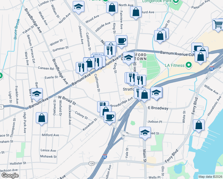 map of restaurants, bars, coffee shops, grocery stores, and more near 77 Catherine Street in Stratford