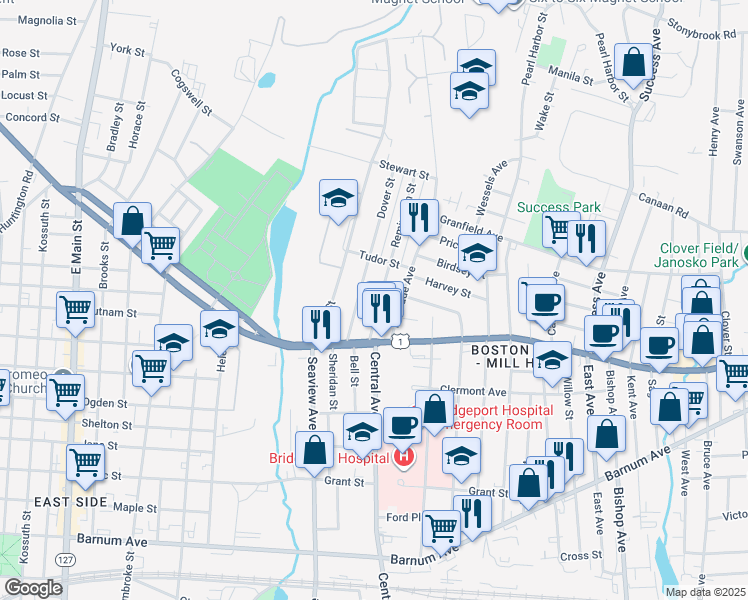 map of restaurants, bars, coffee shops, grocery stores, and more near 65 Palisade Avenue in Bridgeport