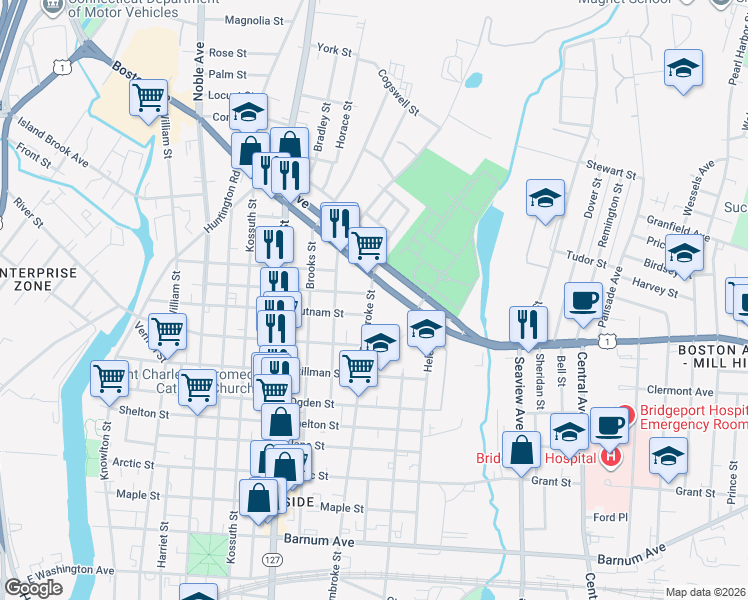 map of restaurants, bars, coffee shops, grocery stores, and more near 559 Putnam Street in Bridgeport