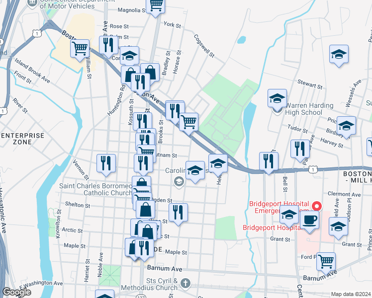 map of restaurants, bars, coffee shops, grocery stores, and more near 485 Putnam Street in Bridgeport