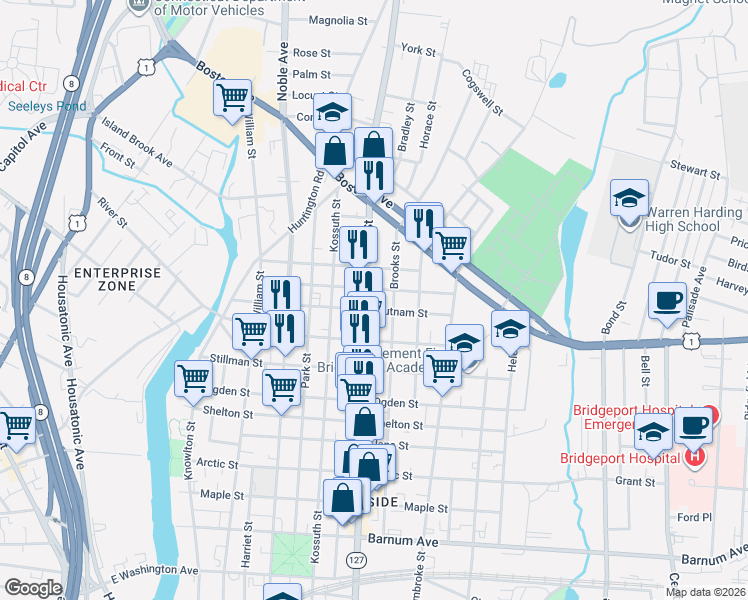 map of restaurants, bars, coffee shops, grocery stores, and more near 308 Putnam Street in Bridgeport