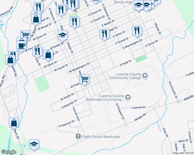 map of restaurants, bars, coffee shops, grocery stores, and more near 1126 South Market Street in Nanticoke