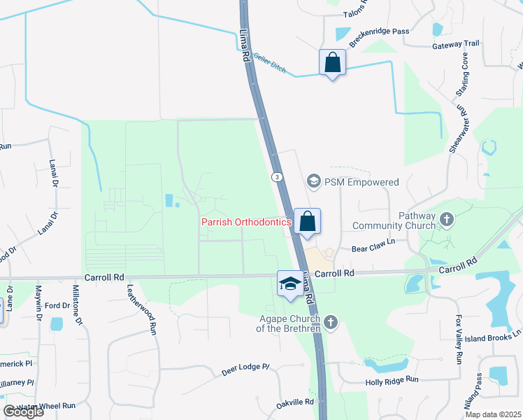 map of restaurants, bars, coffee shops, grocery stores, and more near 12103 Lima Road in Fort Wayne