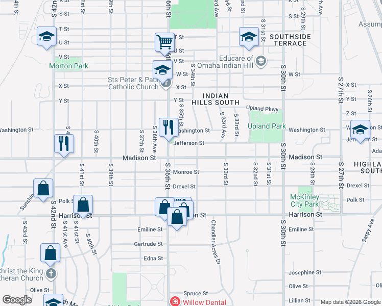 map of restaurants, bars, coffee shops, grocery stores, and more near 3515 Madison Street in Omaha