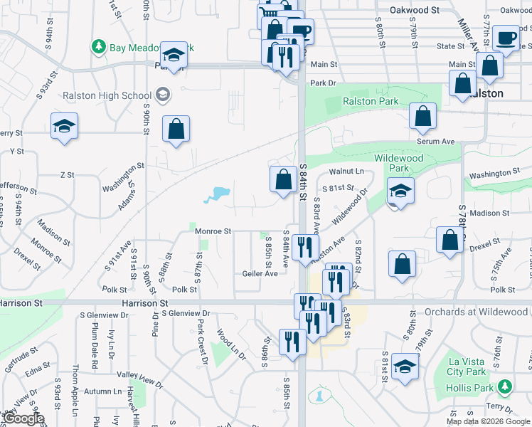 map of restaurants, bars, coffee shops, grocery stores, and more near 8445 Madison Street in Omaha
