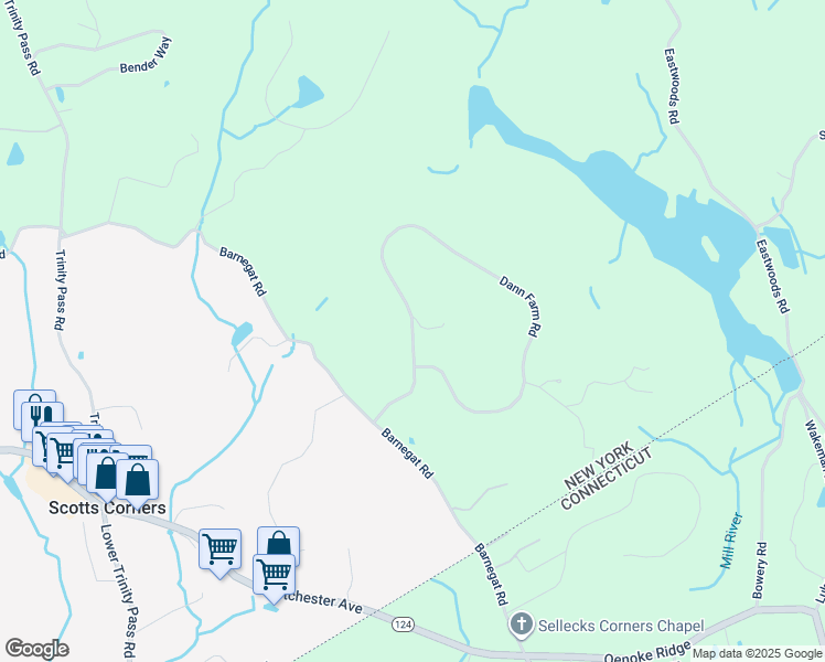 map of restaurants, bars, coffee shops, grocery stores, and more near 18 Dann Farm Road in Pound Ridge
