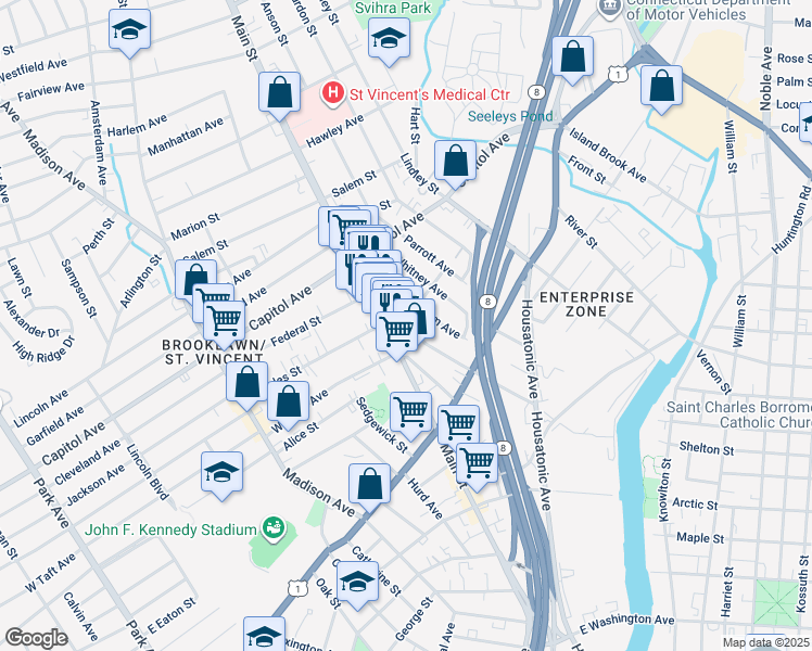 map of restaurants, bars, coffee shops, grocery stores, and more near 2304 Main Street in Bridgeport