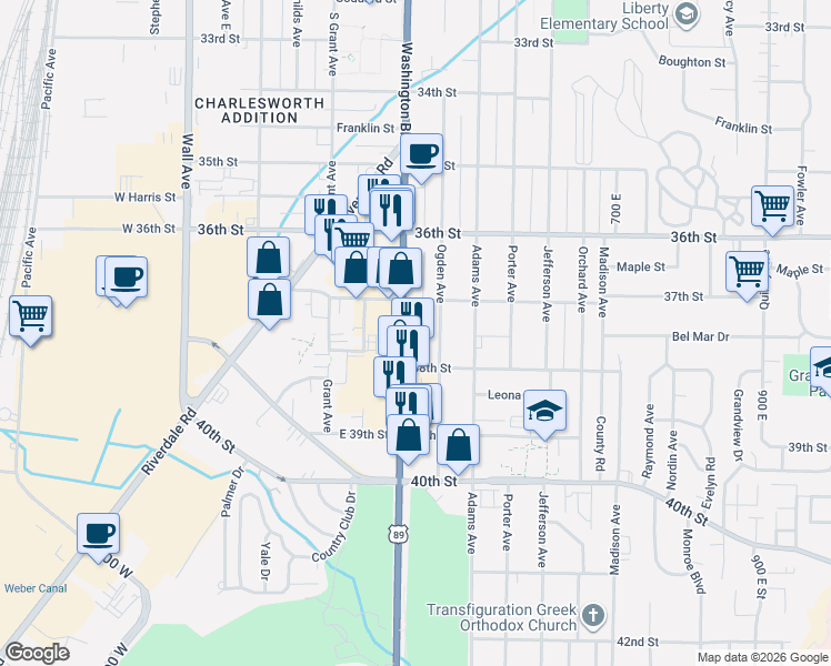 map of restaurants, bars, coffee shops, grocery stores, and more near 3746 South Washington Boulevard in Ogden