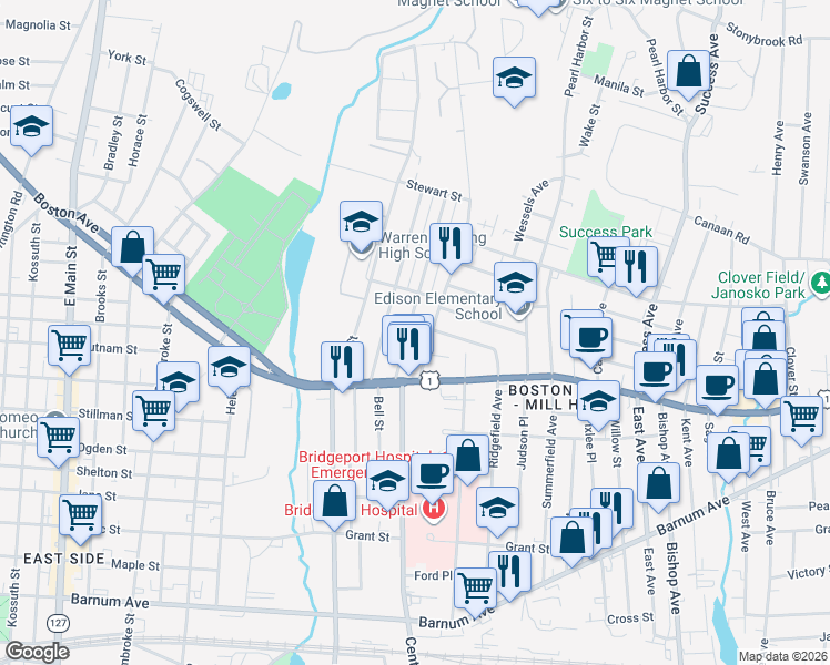 map of restaurants, bars, coffee shops, grocery stores, and more near 102 Remington Street in Bridgeport