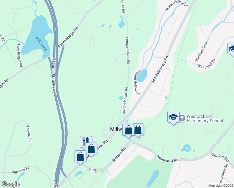 map of restaurants, bars, coffee shops, grocery stores, and more near 82 Shingle House Road in Millwood