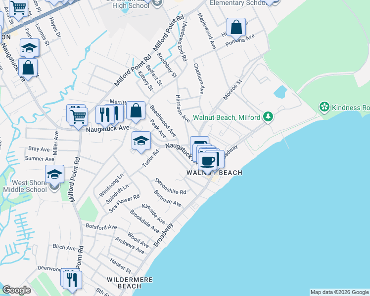 map of restaurants, bars, coffee shops, grocery stores, and more near 107 Naugatuck Avenue in Milford