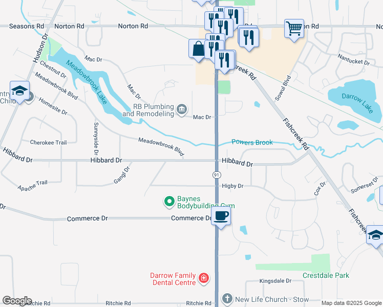 map of restaurants, bars, coffee shops, grocery stores, and more near 1685 Hibbard Drive in Stow