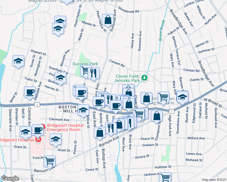 map of restaurants, bars, coffee shops, grocery stores, and more near 146 Weber Street in Bridgeport