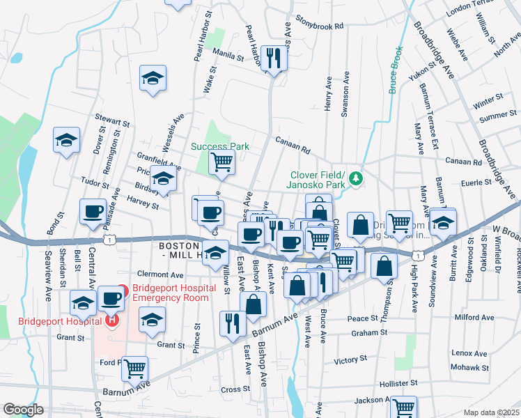 map of restaurants, bars, coffee shops, grocery stores, and more near 347 Kent Avenue in Bridgeport