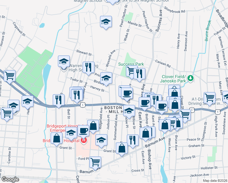map of restaurants, bars, coffee shops, grocery stores, and more near 60 Boston Terrace in Bridgeport