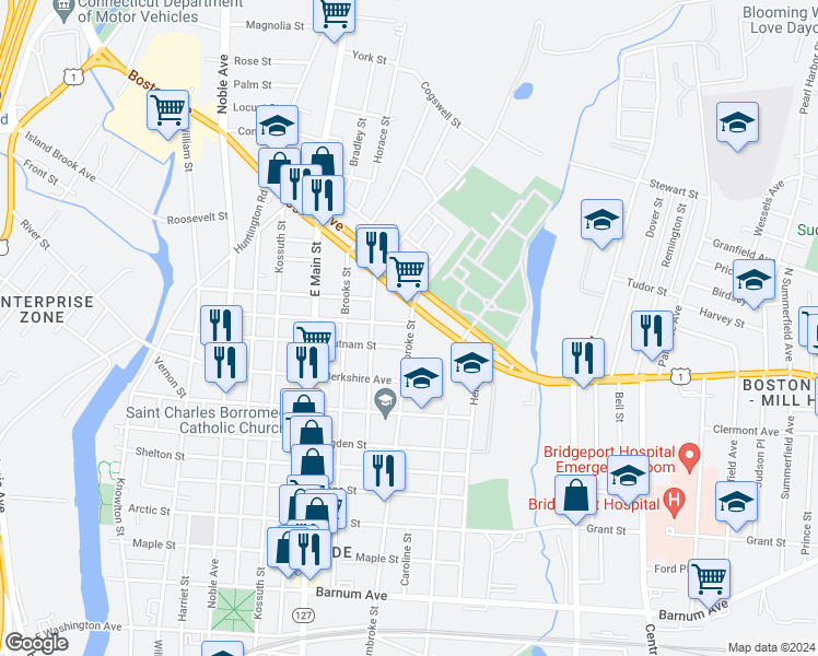 map of restaurants, bars, coffee shops, grocery stores, and more near 559 Putnam Street in Bridgeport