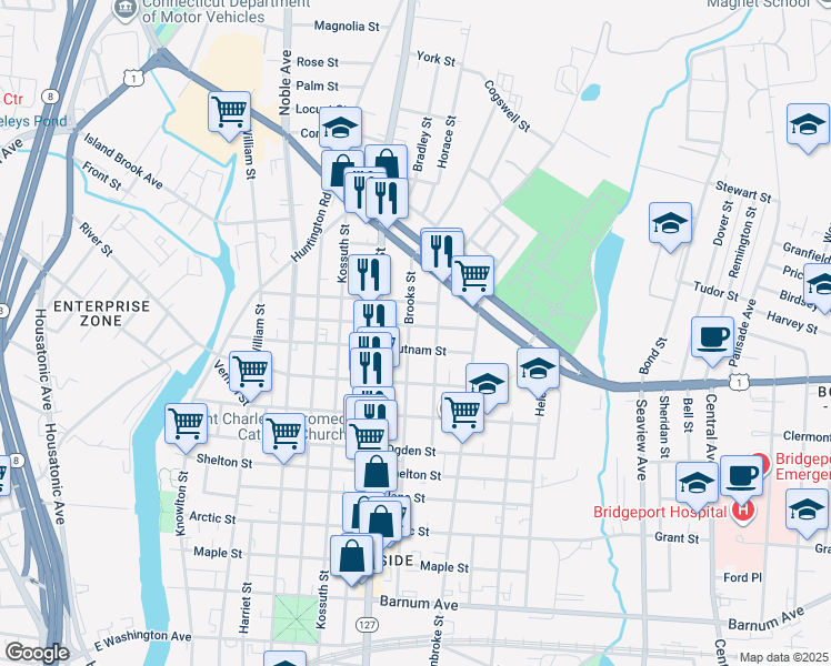 map of restaurants, bars, coffee shops, grocery stores, and more near 622 Brooks Street in Bridgeport