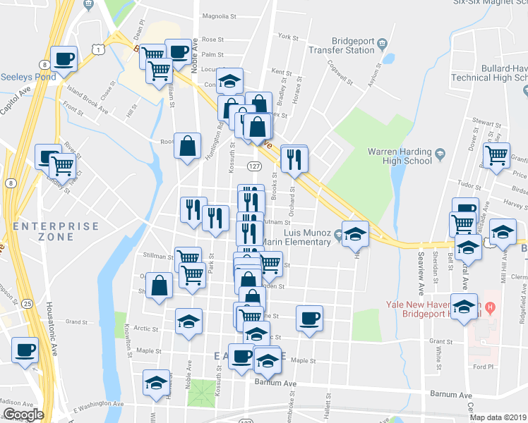 map of restaurants, bars, coffee shops, grocery stores, and more near 308 Putnam Street in Bridgeport