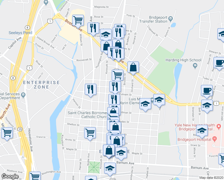 map of restaurants, bars, coffee shops, grocery stores, and more near 308 Putnam Street in Bridgeport
