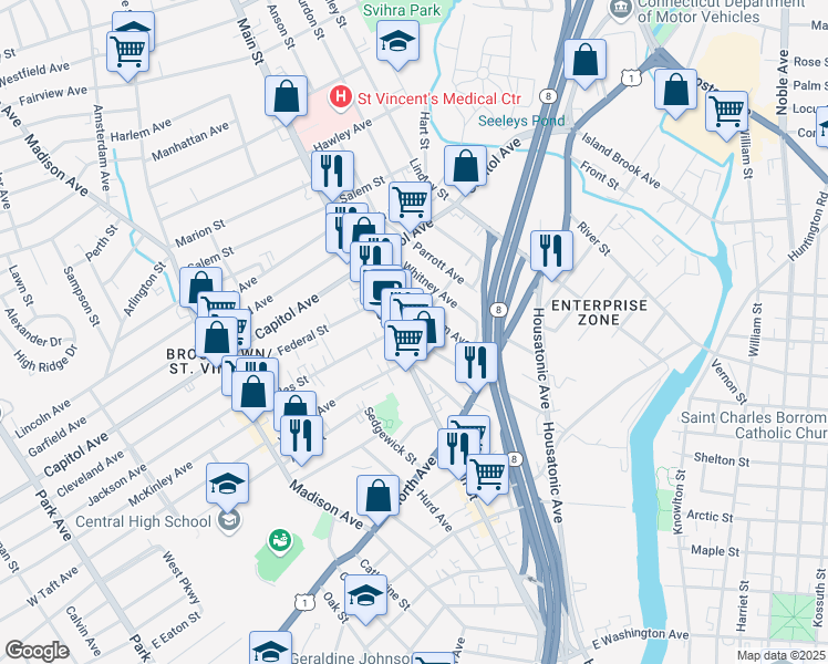 map of restaurants, bars, coffee shops, grocery stores, and more near 2304 Main Street in Bridgeport