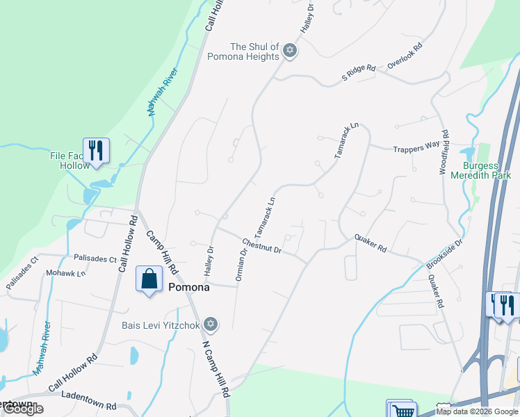 map of restaurants, bars, coffee shops, grocery stores, and more near 7 Tamarack Lane in Pomona