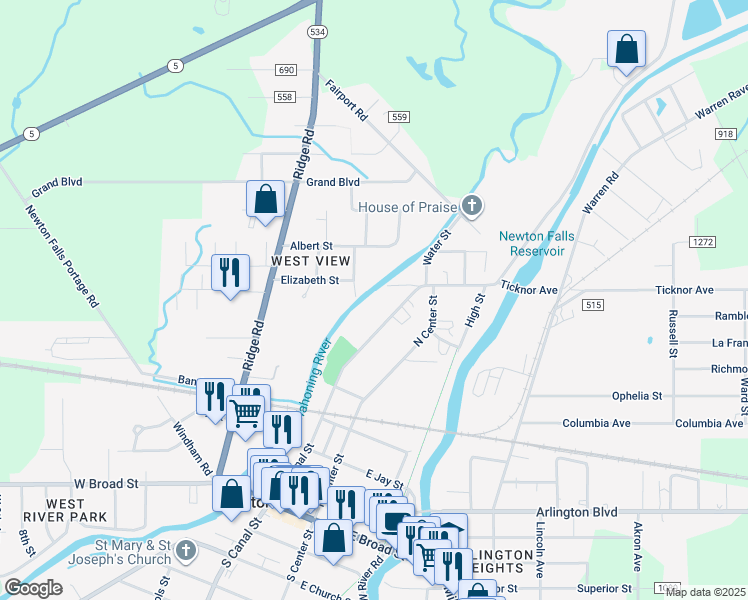 map of restaurants, bars, coffee shops, grocery stores, and more near 712 North Canal Street in Newton Falls