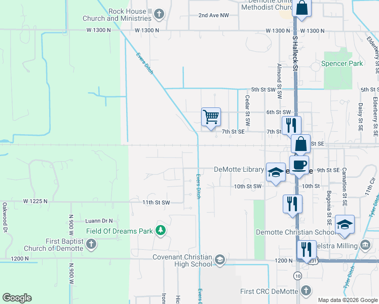 map of restaurants, bars, coffee shops, grocery stores, and more near 632 9th St SW in De Motte