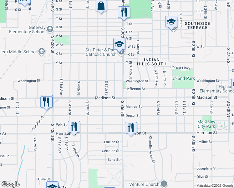 map of restaurants, bars, coffee shops, grocery stores, and more near 6257 South 36th Avenue in Omaha