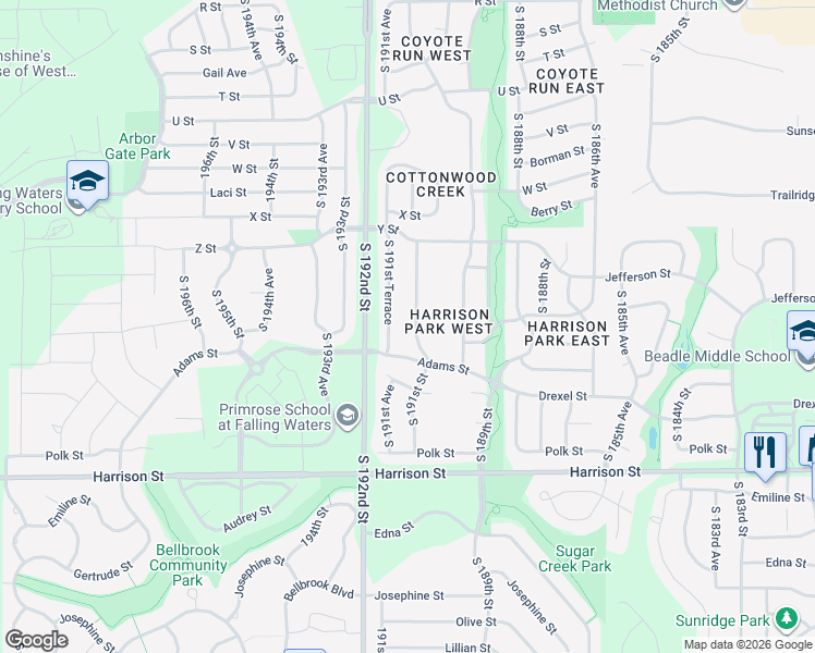 map of restaurants, bars, coffee shops, grocery stores, and more near 6321 South 191st Terrace in Omaha