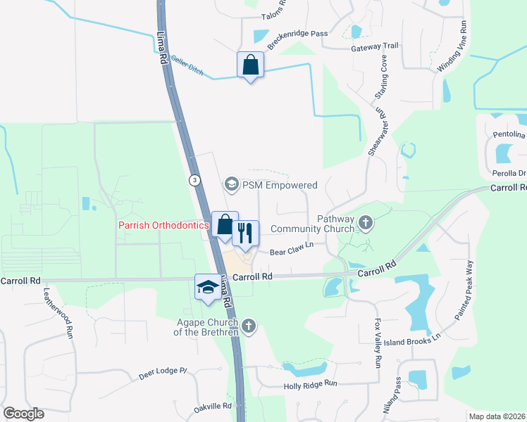 map of restaurants, bars, coffee shops, grocery stores, and more near 12137 Mossy Oak Run in Fort Wayne