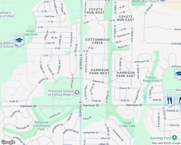 map of restaurants, bars, coffee shops, grocery stores, and more near 6321 South 191st Terrace in Omaha