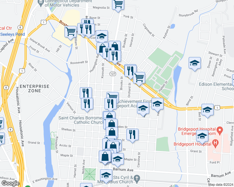 map of restaurants, bars, coffee shops, grocery stores, and more near 210 Pearl Street in Bridgeport