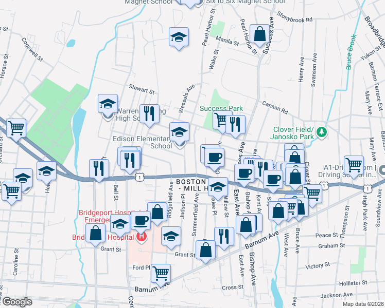 map of restaurants, bars, coffee shops, grocery stores, and more near 60 Boston Terrace in Bridgeport