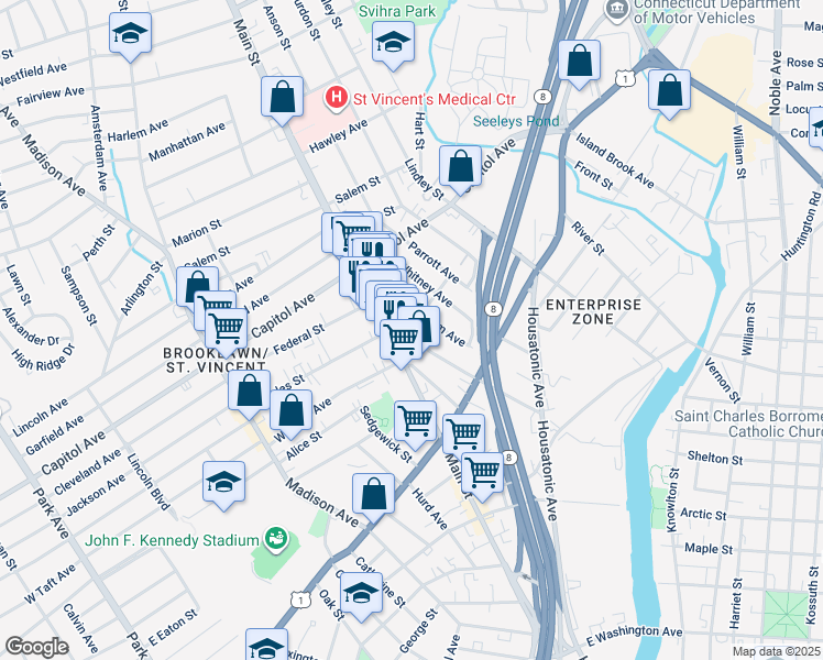 map of restaurants, bars, coffee shops, grocery stores, and more near 335 Wells Street in Bridgeport