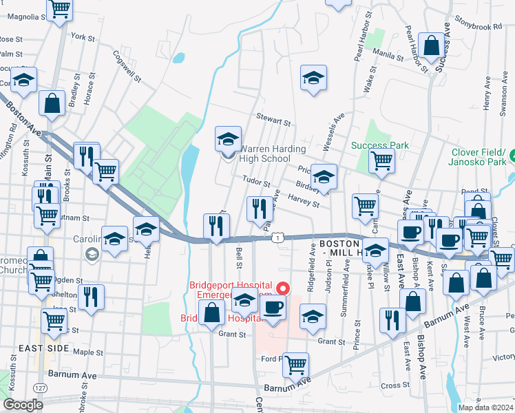 map of restaurants, bars, coffee shops, grocery stores, and more near 104 Remington Street in Bridgeport