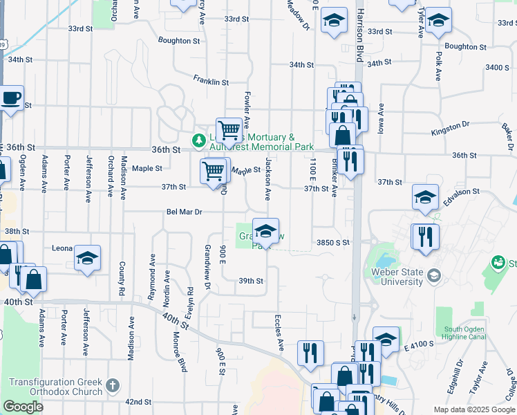 map of restaurants, bars, coffee shops, grocery stores, and more near 968 Bel Mar Drive in Ogden