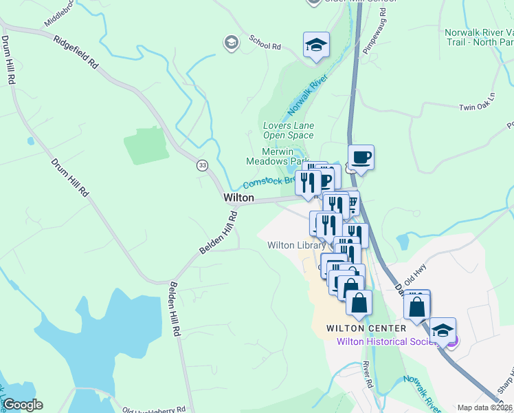 map of restaurants, bars, coffee shops, grocery stores, and more near 69 Ridgefield Road in Wilton