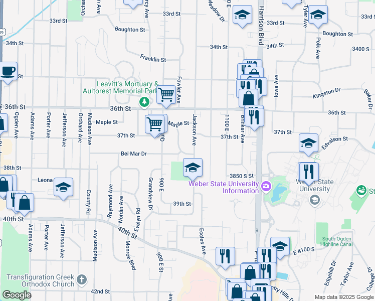 map of restaurants, bars, coffee shops, grocery stores, and more near 968 Bel Mar Drive in Ogden