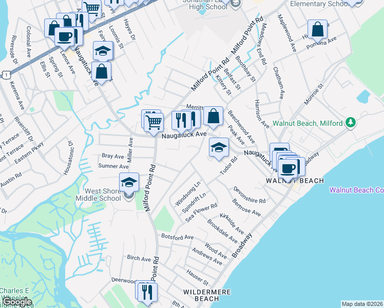 map of restaurants, bars, coffee shops, grocery stores, and more near 193 Old Point Road in Milford