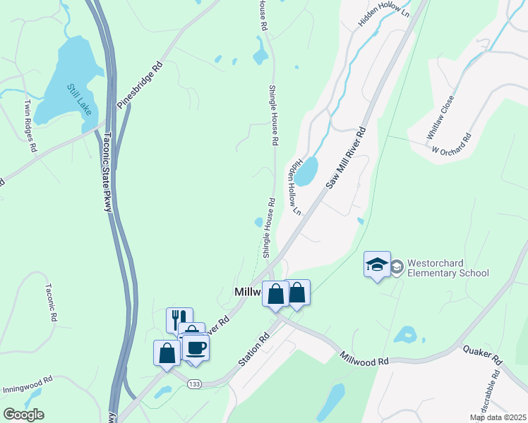 map of restaurants, bars, coffee shops, grocery stores, and more near 82 Shingle House Road in Millwood