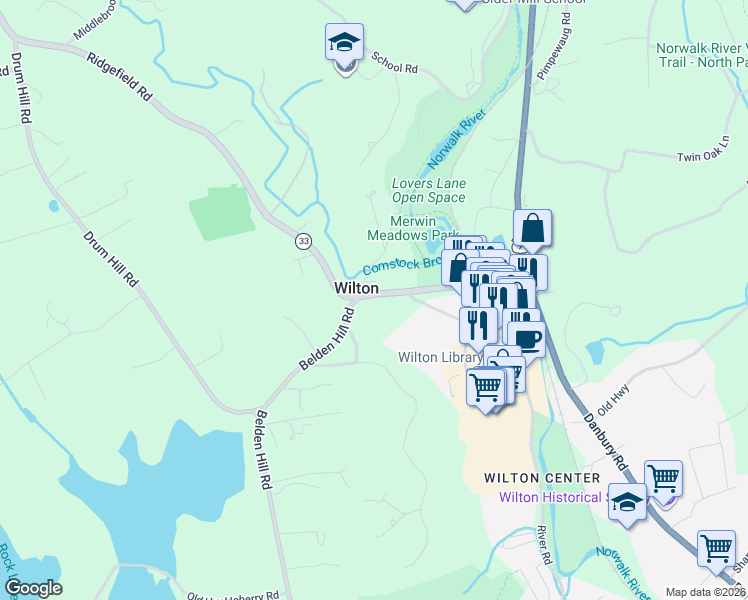 map of restaurants, bars, coffee shops, grocery stores, and more near 69 Ridgefield Road in Wilton