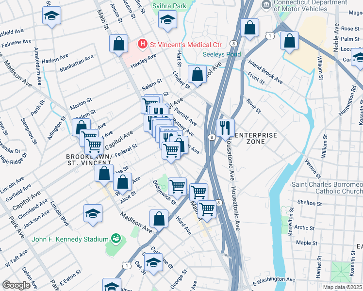 map of restaurants, bars, coffee shops, grocery stores, and more near 95 Gem Avenue in Bridgeport