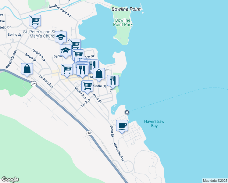 map of restaurants, bars, coffee shops, grocery stores, and more near 48 First Street in Haverstraw