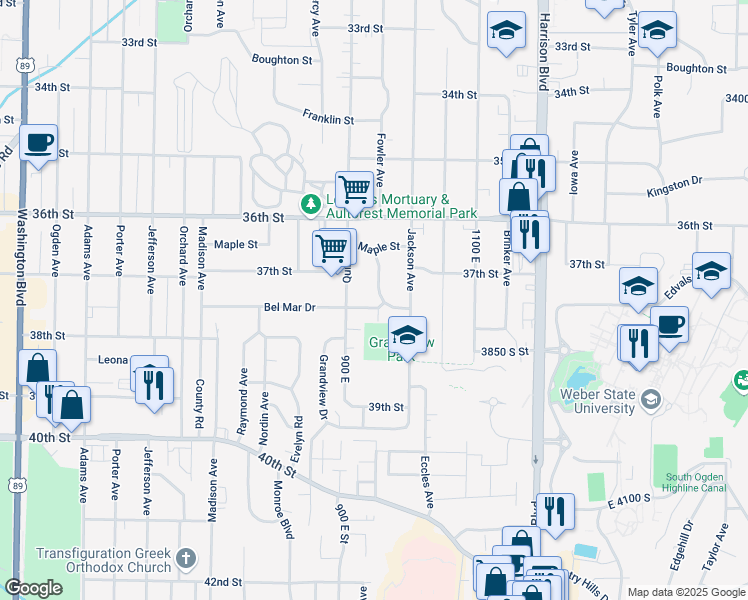 map of restaurants, bars, coffee shops, grocery stores, and more near 3760 Fowler Avenue in Ogden