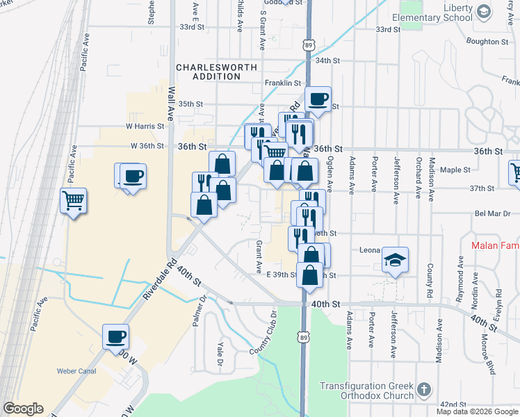 map of restaurants, bars, coffee shops, grocery stores, and more near 3792 Grant Avenue in Ogden