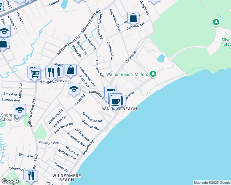 map of restaurants, bars, coffee shops, grocery stores, and more near 23 Beach Shore Drive in Milford