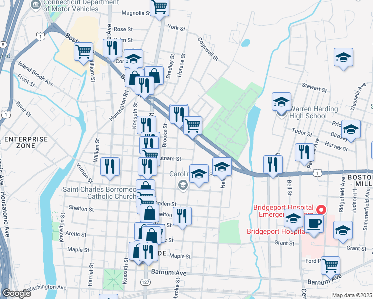 map of restaurants, bars, coffee shops, grocery stores, and more near 485 Putnam Street in Bridgeport