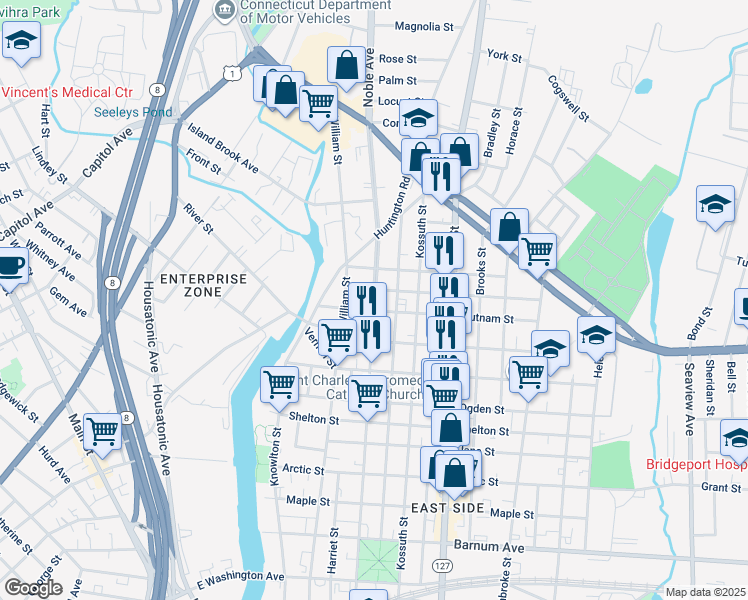 map of restaurants, bars, coffee shops, grocery stores, and more near 946 Noble Avenue in Bridgeport