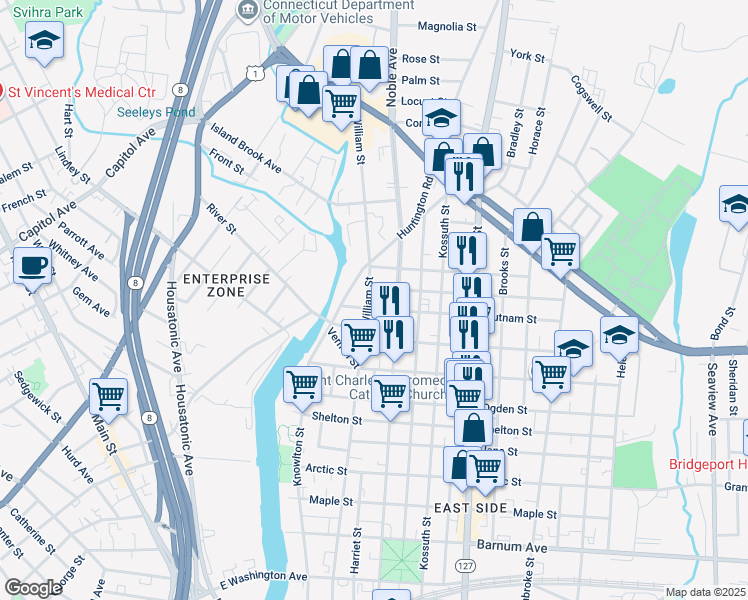 map of restaurants, bars, coffee shops, grocery stores, and more near 744 William Street in Bridgeport