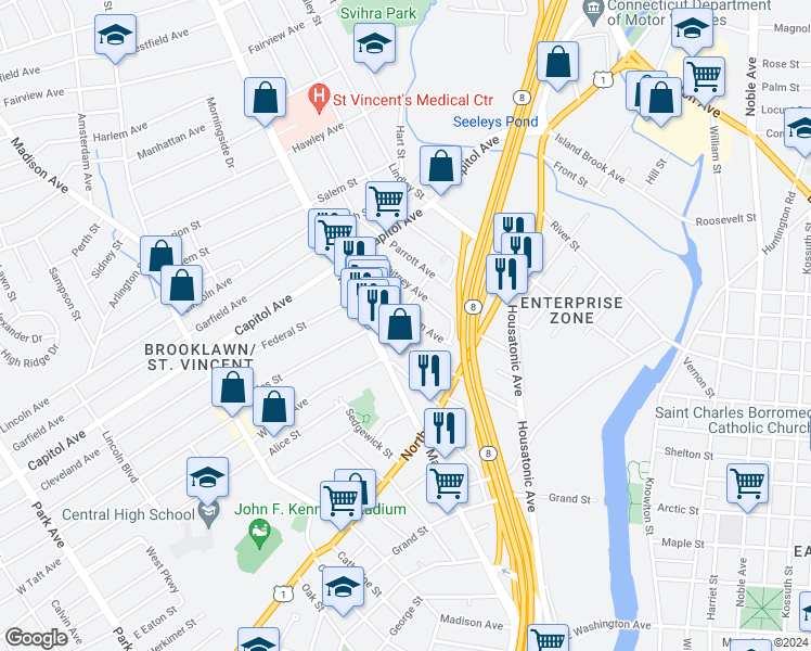 map of restaurants, bars, coffee shops, grocery stores, and more near 95 Gem Avenue in Bridgeport